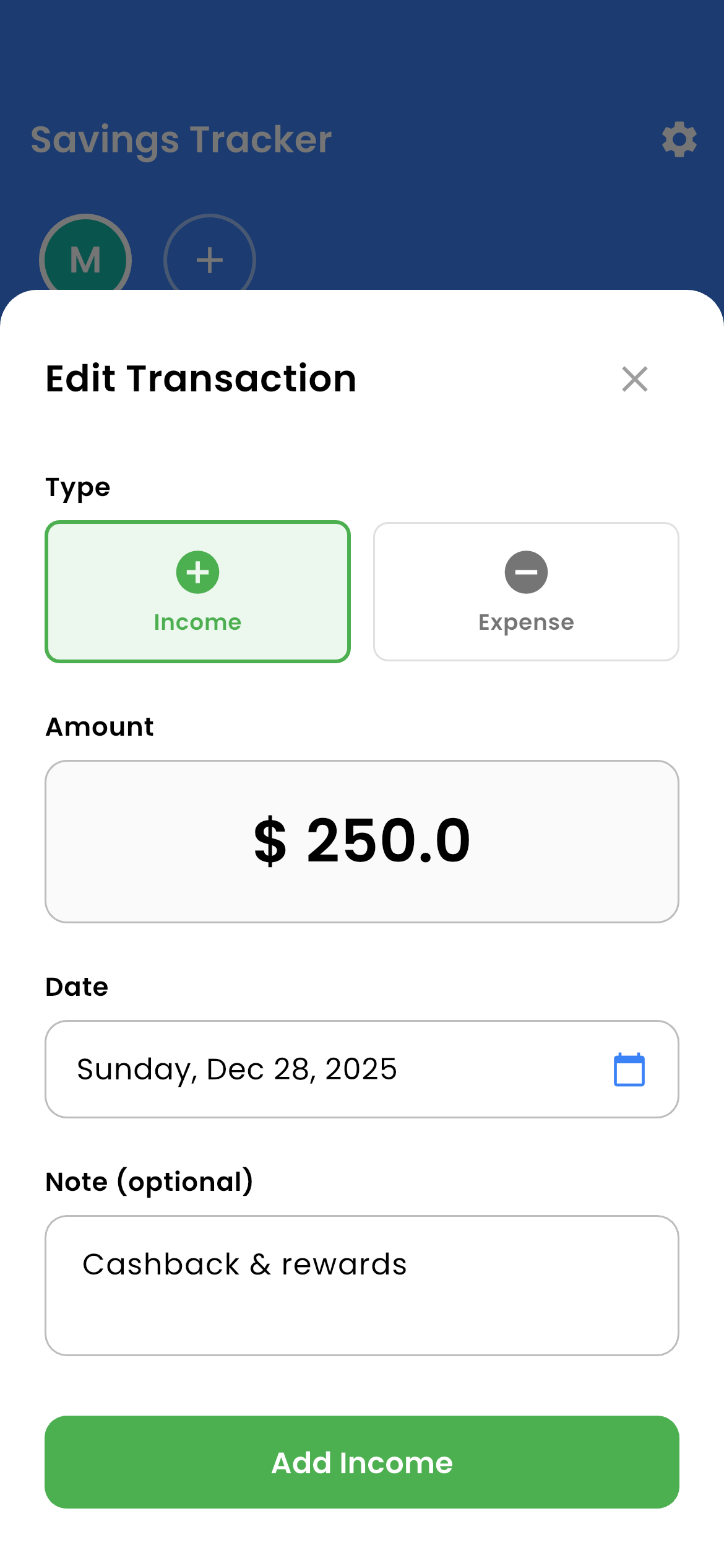 Adding an expense in Savekit